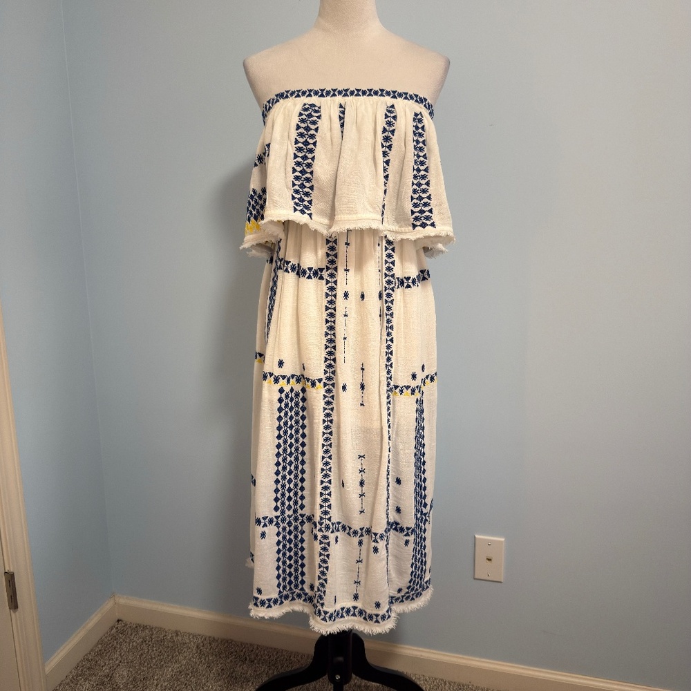 Free People Women’s Dress Wild Romance White & Blue Embroidered Strapless Midi S